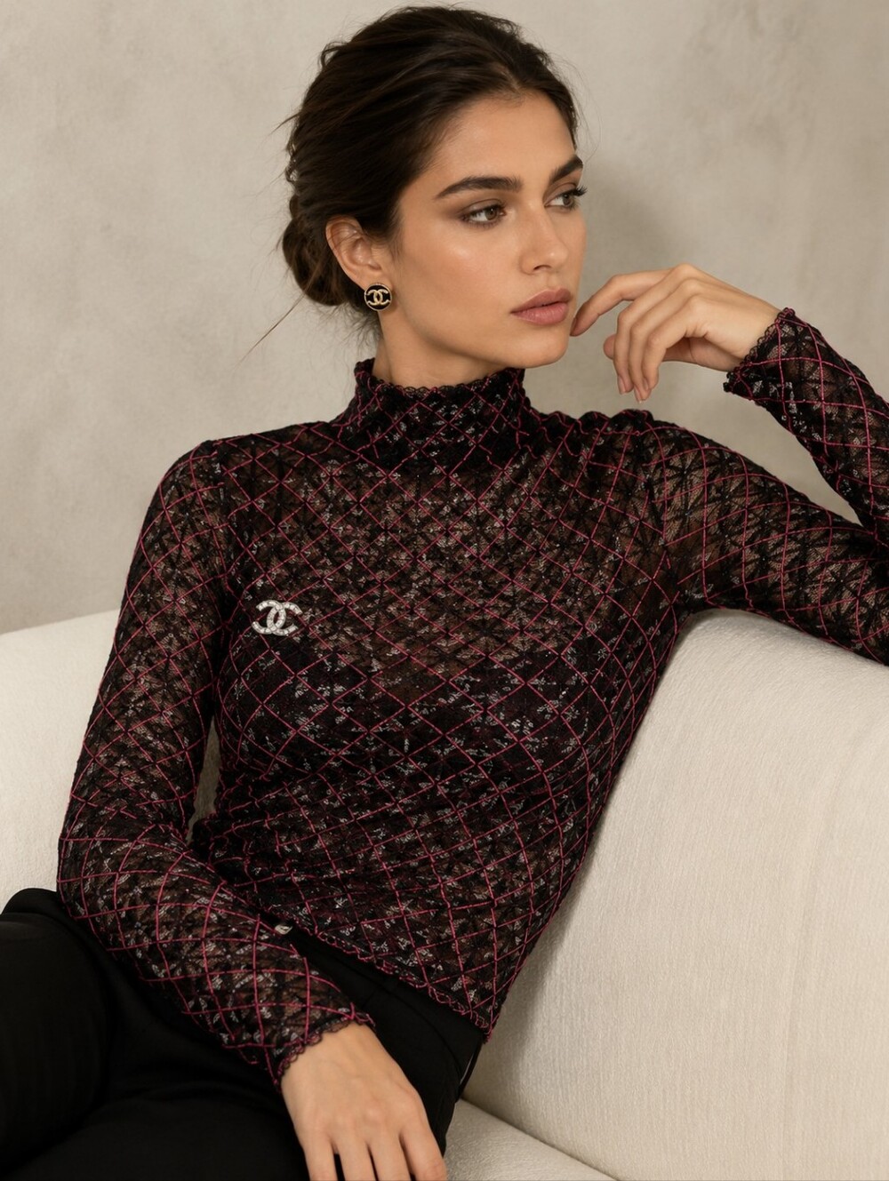 CHANEL Forest Series Black and Red Twill Lace Mesh Top